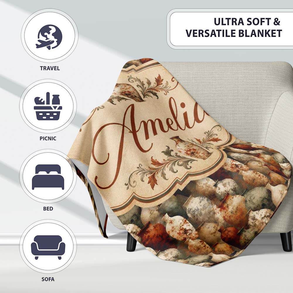 Rustic Aged Ceramic Vase Pattern in Earthy Tones Vintage Pottery  Personalised Custom Name Super Soft Fleece Blanket Bed Sofa Throw