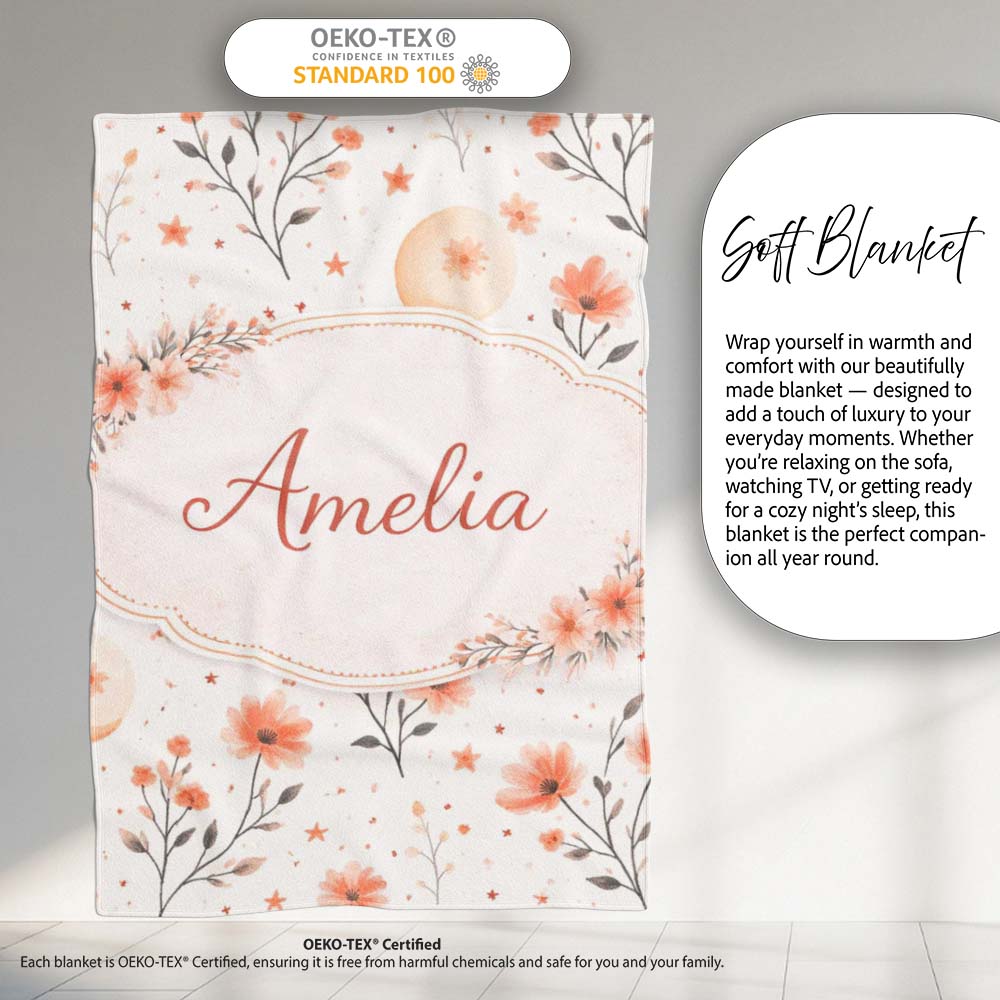 Watercolor Peach Floral Moon Star Botanical Seamless Pattern Lovely  Personalised Custom Name Super Soft Fleece Blanket Bed Sofa Throw