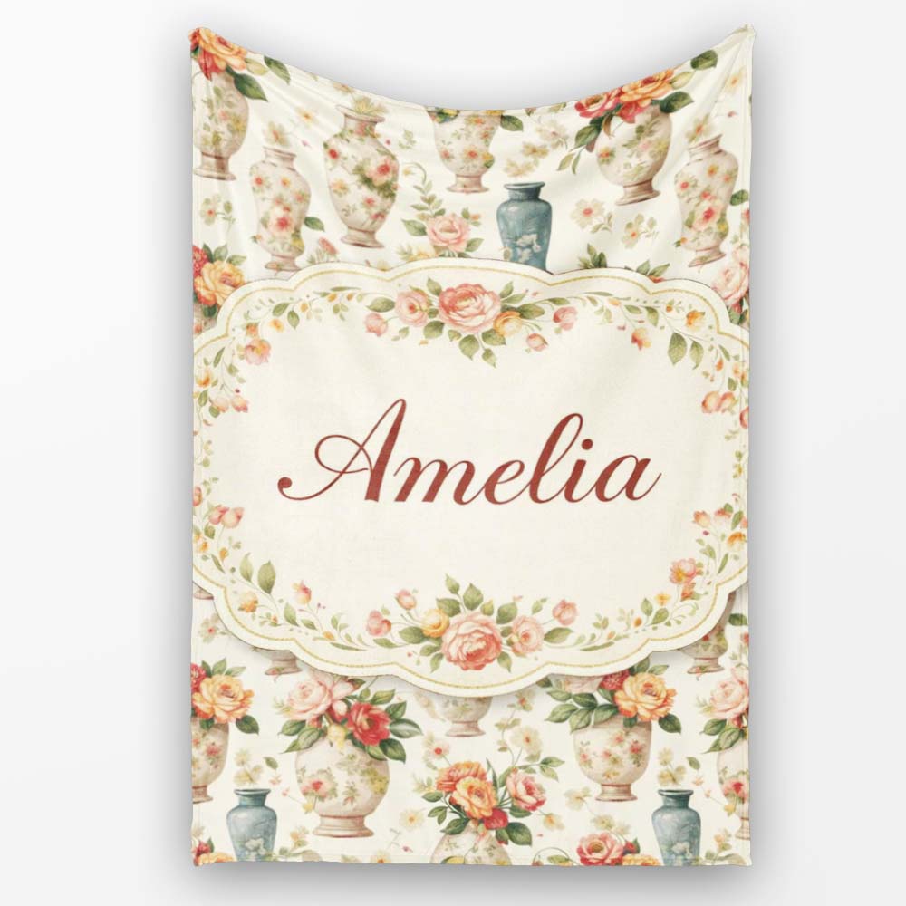 Elegant Floral Vase Arrangement with Soft Roses and Botanical Lovely  Personalised Custom Name Super Soft Fleece Blanket Bed Sofa Throw