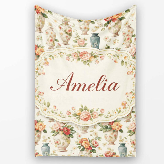 Elegant Floral Vase Arrangement with Soft Roses and Botanical Lovely  Personalised Custom Name Super Soft Fleece Blanket Bed Sofa Throw