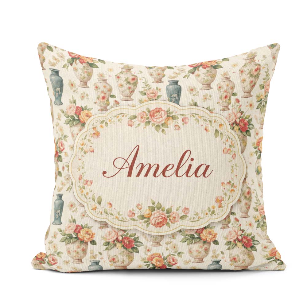 Custom Name Elegant Floral Vase Arrangement with Soft Roses and Square Filled Cushion Throw Pillow Sofa Bed Home Decor Zip Washable UK Made