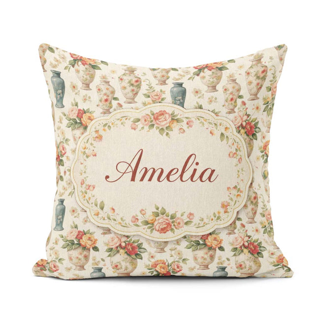 Custom Name Elegant Floral Vase Arrangement with Soft Roses and Square Filled Cushion Throw Pillow Sofa Bed Home Decor Zip Washable UK Made