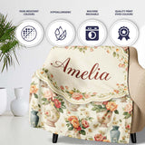Elegant Floral Vase Arrangement with Soft Roses and Botanical Lovely  Personalised Custom Name Super Soft Fleece Blanket Bed Sofa Throw