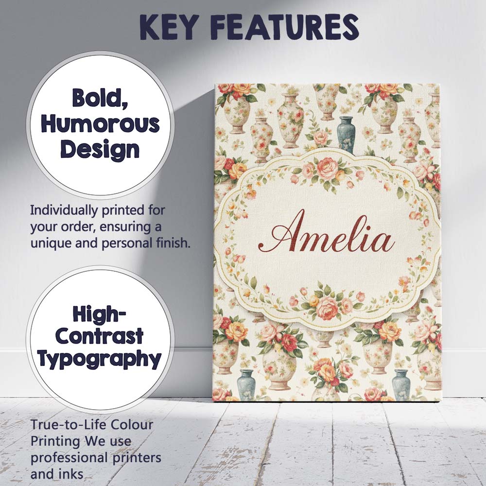 Personalised Name Elegant Floral Vase Custom Modern Room Accent Creative Decorator Style Canvas Wall Art Print Decor Picture Ready to Hang