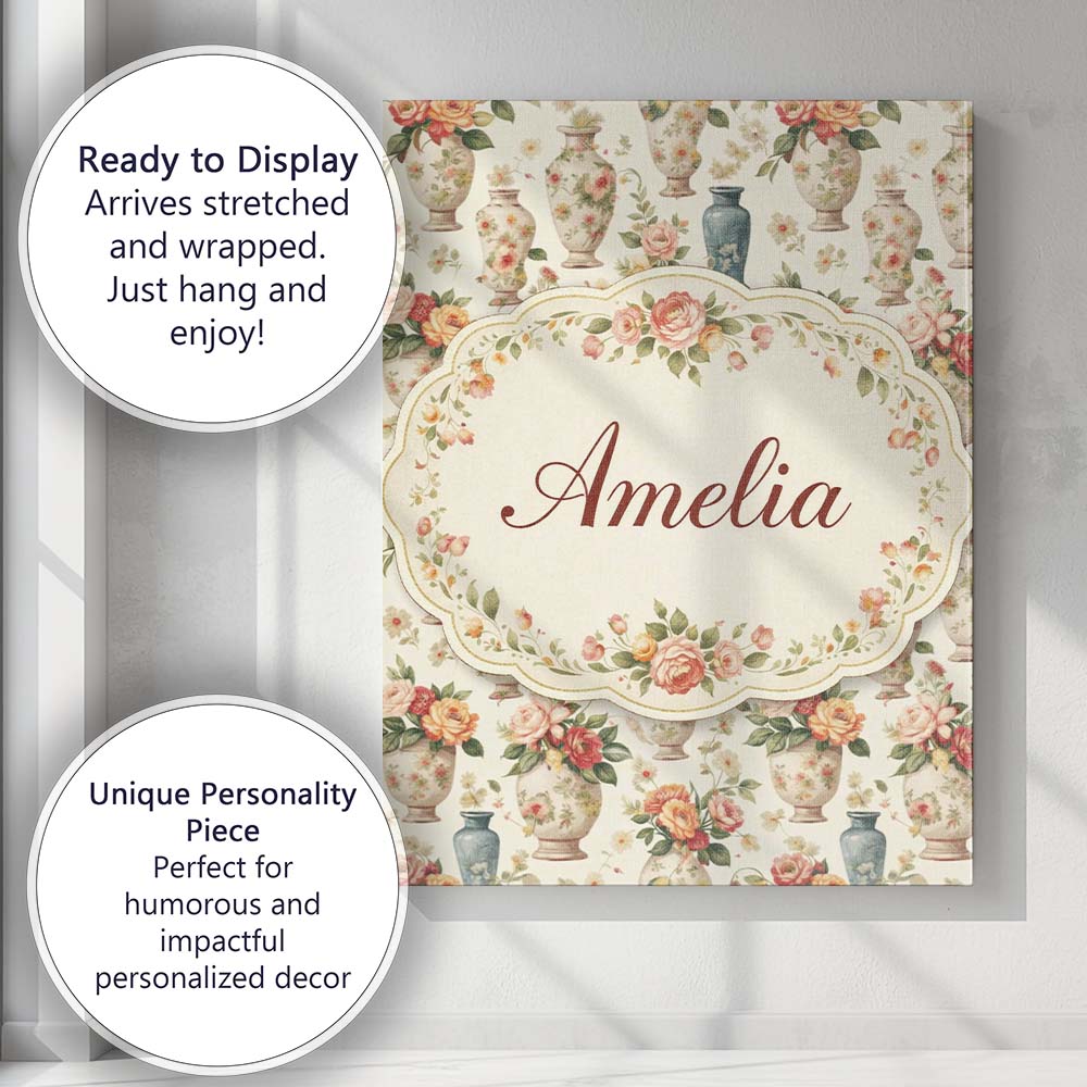 Personalised Name Elegant Floral Vase Custom Modern Room Accent Creative Decorator Style Canvas Wall Art Print Decor Picture Ready to Hang