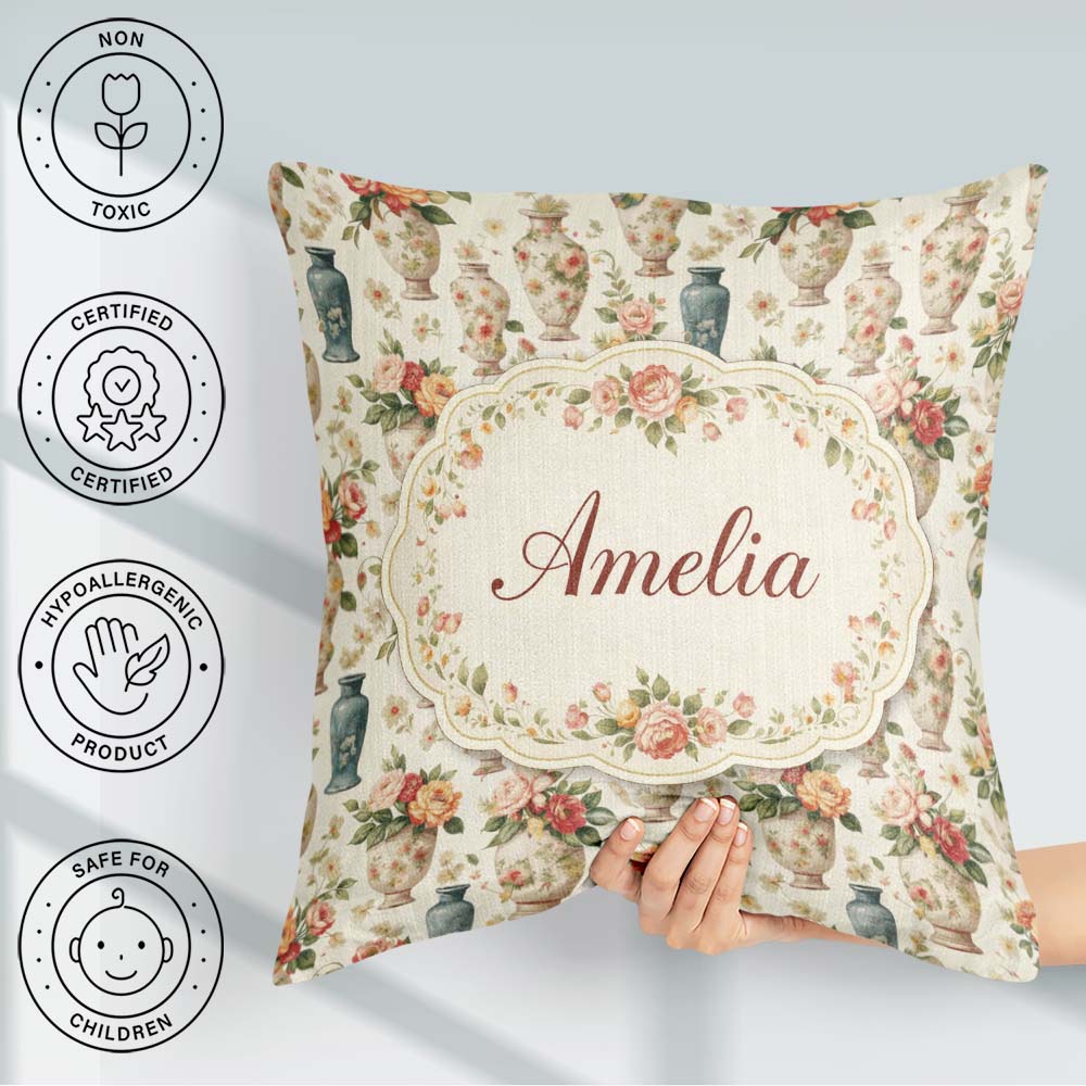 Custom Name Elegant Floral Vase Arrangement with Soft Roses and Square Filled Cushion Throw Pillow Sofa Bed Home Decor Zip Washable UK Made
