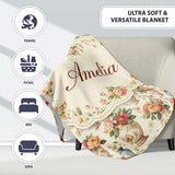 Elegant Floral Vase Arrangement with Soft Roses and Botanical Lovely  Personalised Custom Name Super Soft Fleece Blanket Bed Sofa Throw