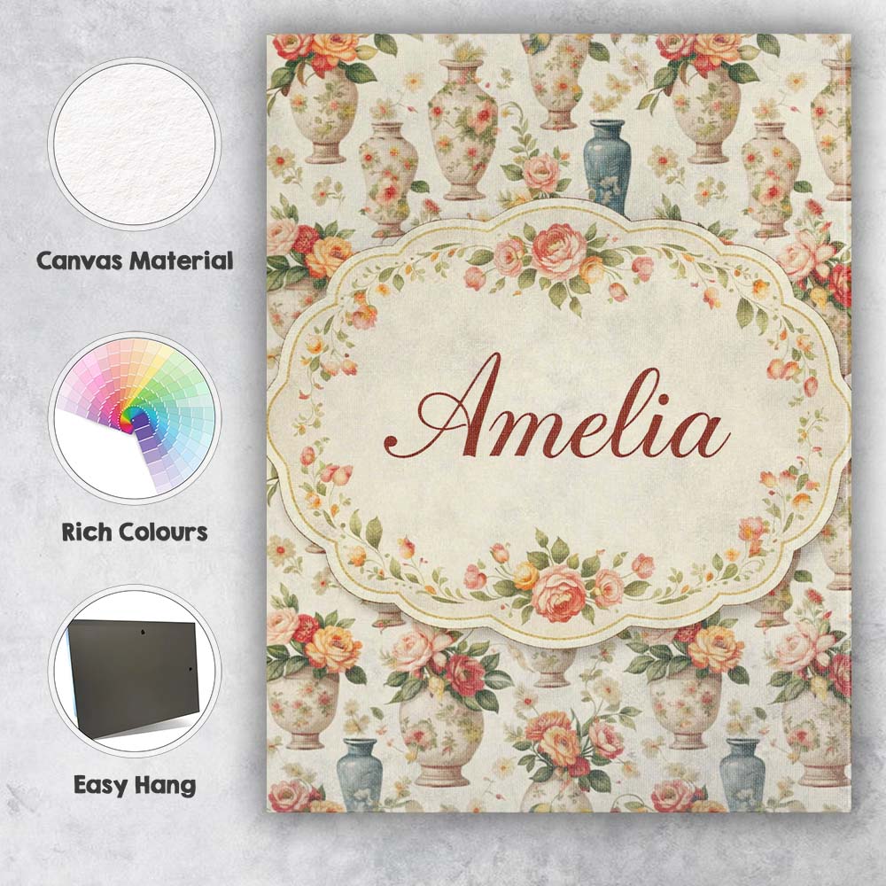 Personalised Name Elegant Floral Vase Custom Modern Room Accent Creative Decorator Style Canvas Wall Art Print Decor Picture Ready to Hang