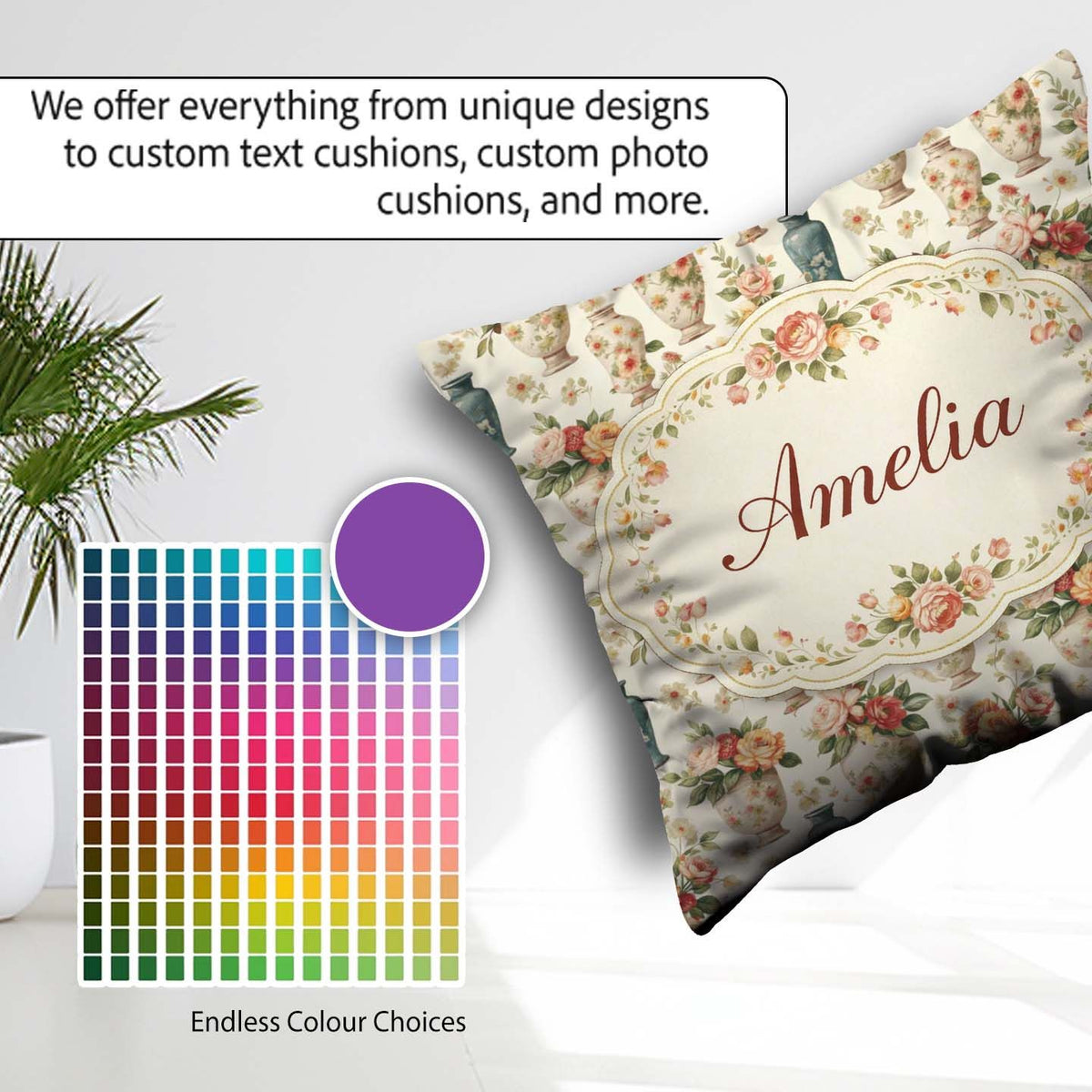 Custom Name Elegant Floral Vase Arrangement with Soft Roses and Square Filled Cushion Throw Pillow Sofa Bed Home Decor Zip Washable UK Made