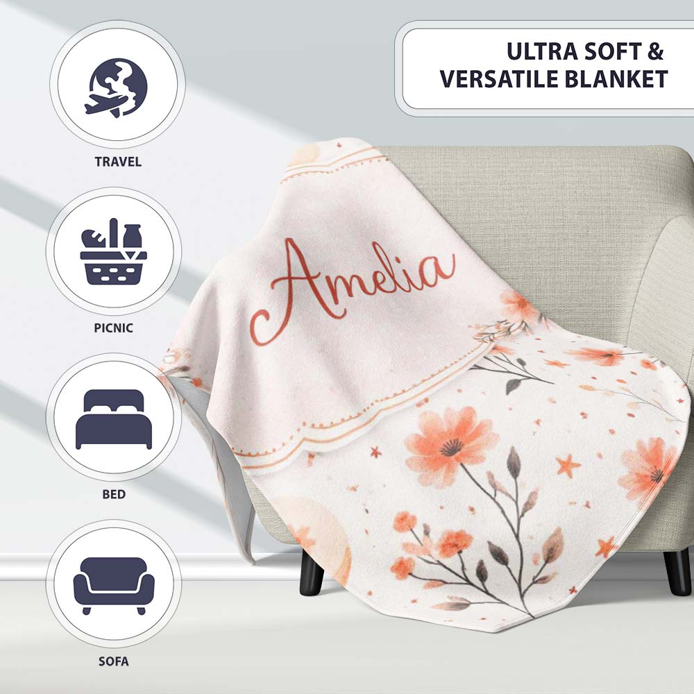 Watercolor Peach Floral Moon Star Botanical Seamless Pattern Lovely  Personalised Custom Name Super Soft Fleece Blanket Bed Sofa Throw