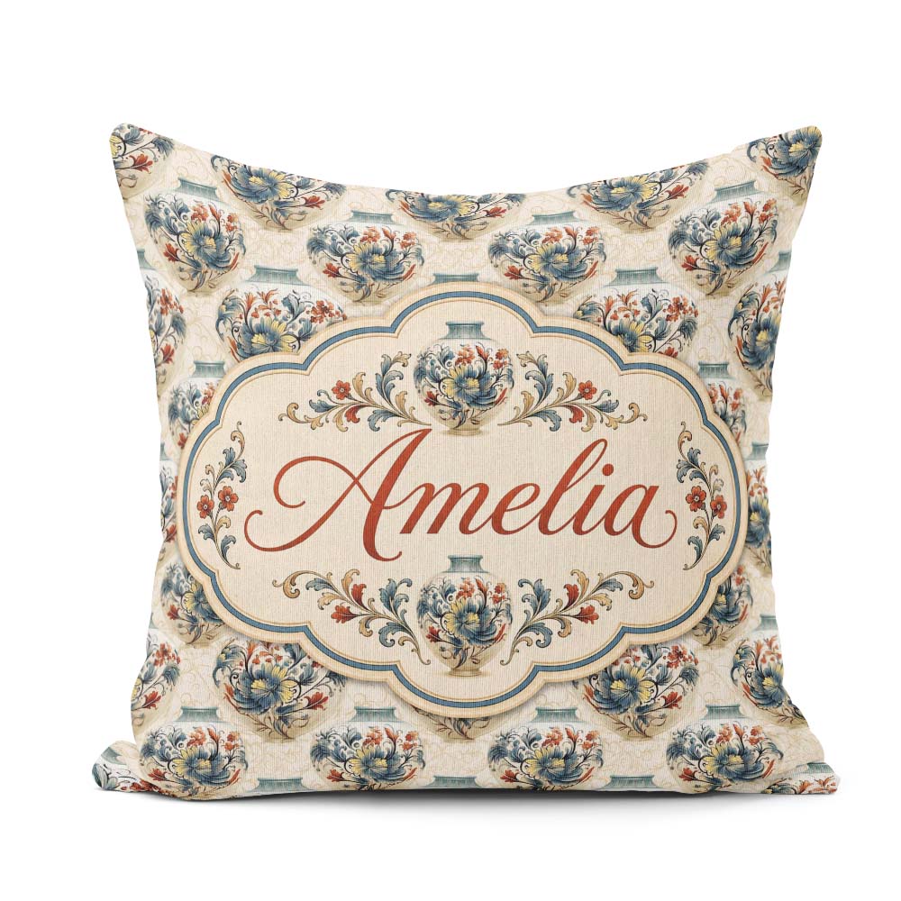 Custom Name Ornate Blue and Red Vase Pattern with Classic Floral Square Filled Cushion Throw Pillow Sofa Bed Home Decor Zip Washable UK Made