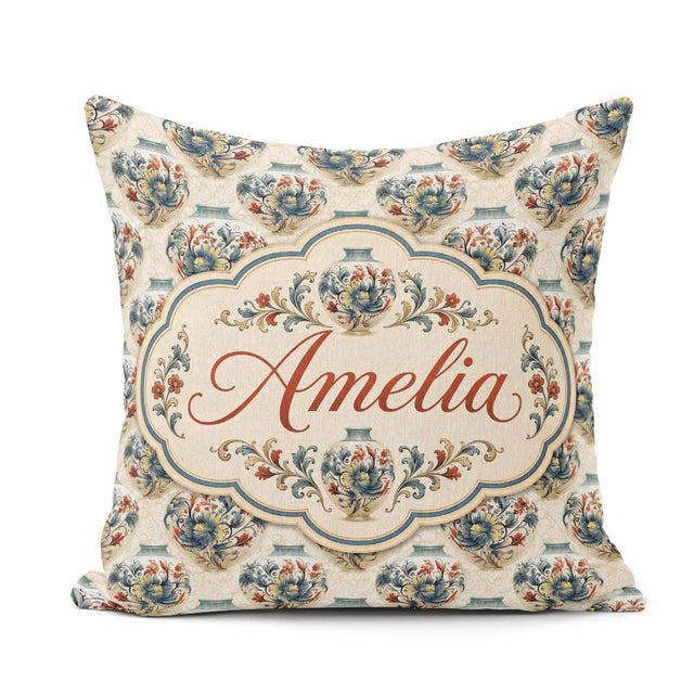 Custom Name Ornate Blue and Red Vase Pattern with Classic Floral Square Filled Cushion Throw Pillow Sofa Bed Home Decor Zip Washable UK Made