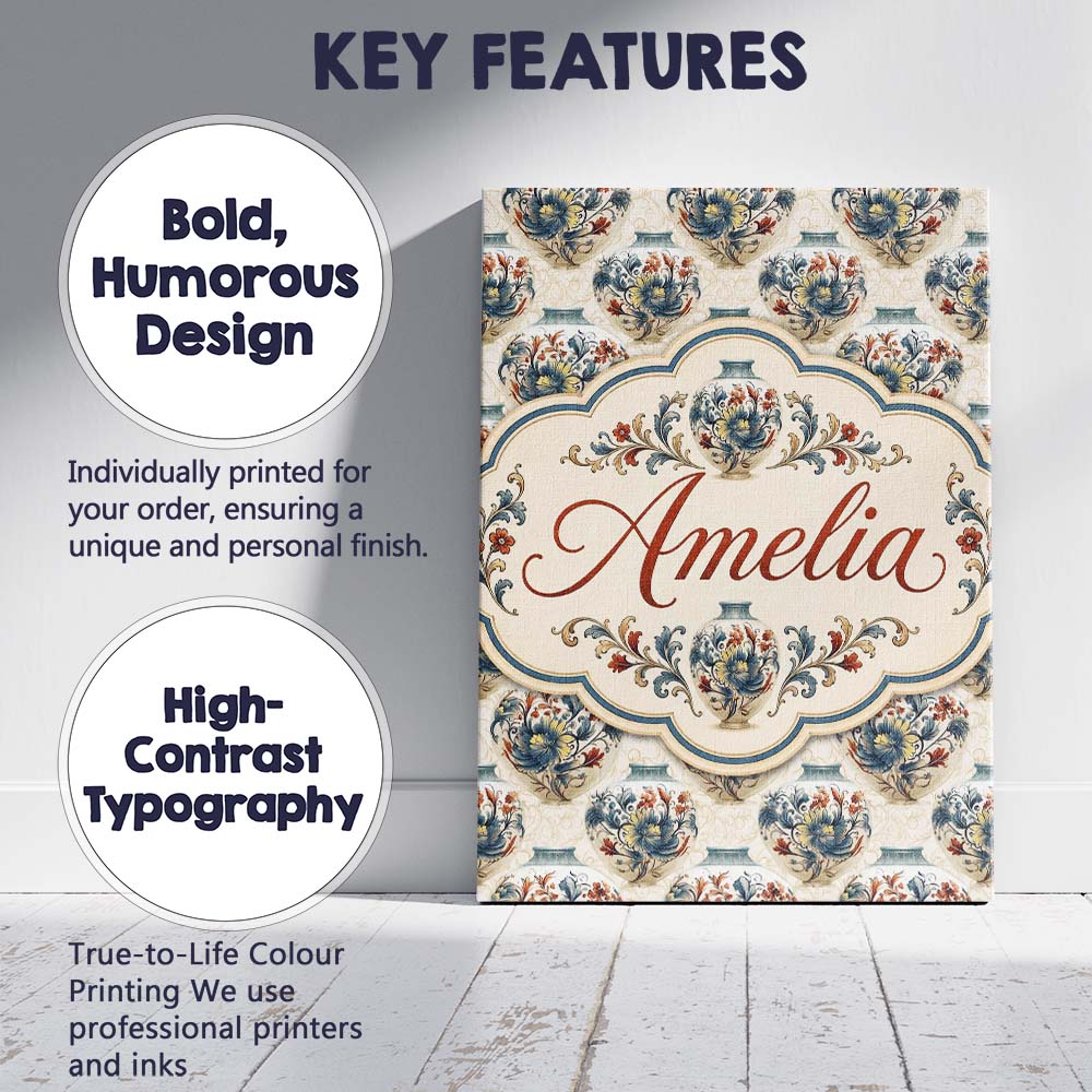 Personalised Name Ornate Blue and Red Custom Modern Room Accent Creative Decorator Style Canvas Wall Art Print Decor Picture Ready to Hang