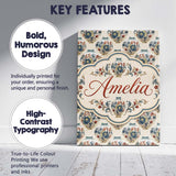 Personalised Name Ornate Blue and Red Custom Modern Room Accent Creative Decorator Style Canvas Wall Art Print Decor Picture Ready to Hang
