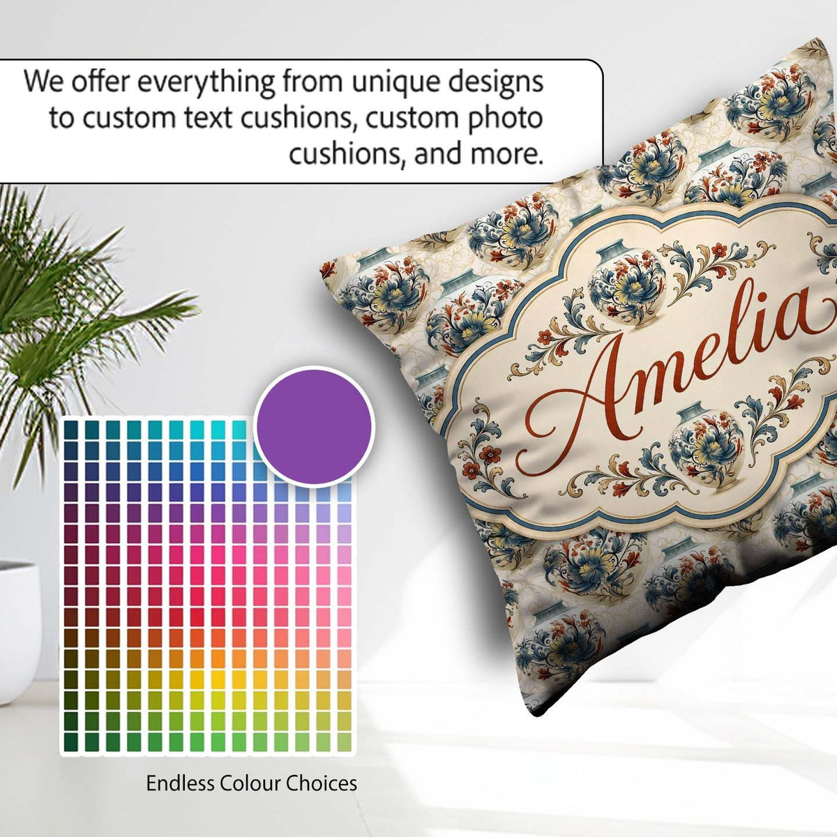 Custom Name Ornate Blue and Red Vase Pattern with Classic Floral Square Filled Cushion Throw Pillow Sofa Bed Home Decor Zip Washable UK Made