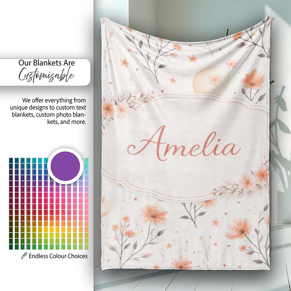 Watercolor Peach Floral Moon Star Botanical Seamless Pattern Lovely  Personalised Custom Name Super Soft Fleece Blanket Bed Sofa Throw