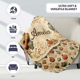 Vintage Pottery and Botanical Elements Pattern in Warm Neutral Tones  Personalised Custom Name Super Soft Fleece Blanket Bed Sofa Throw