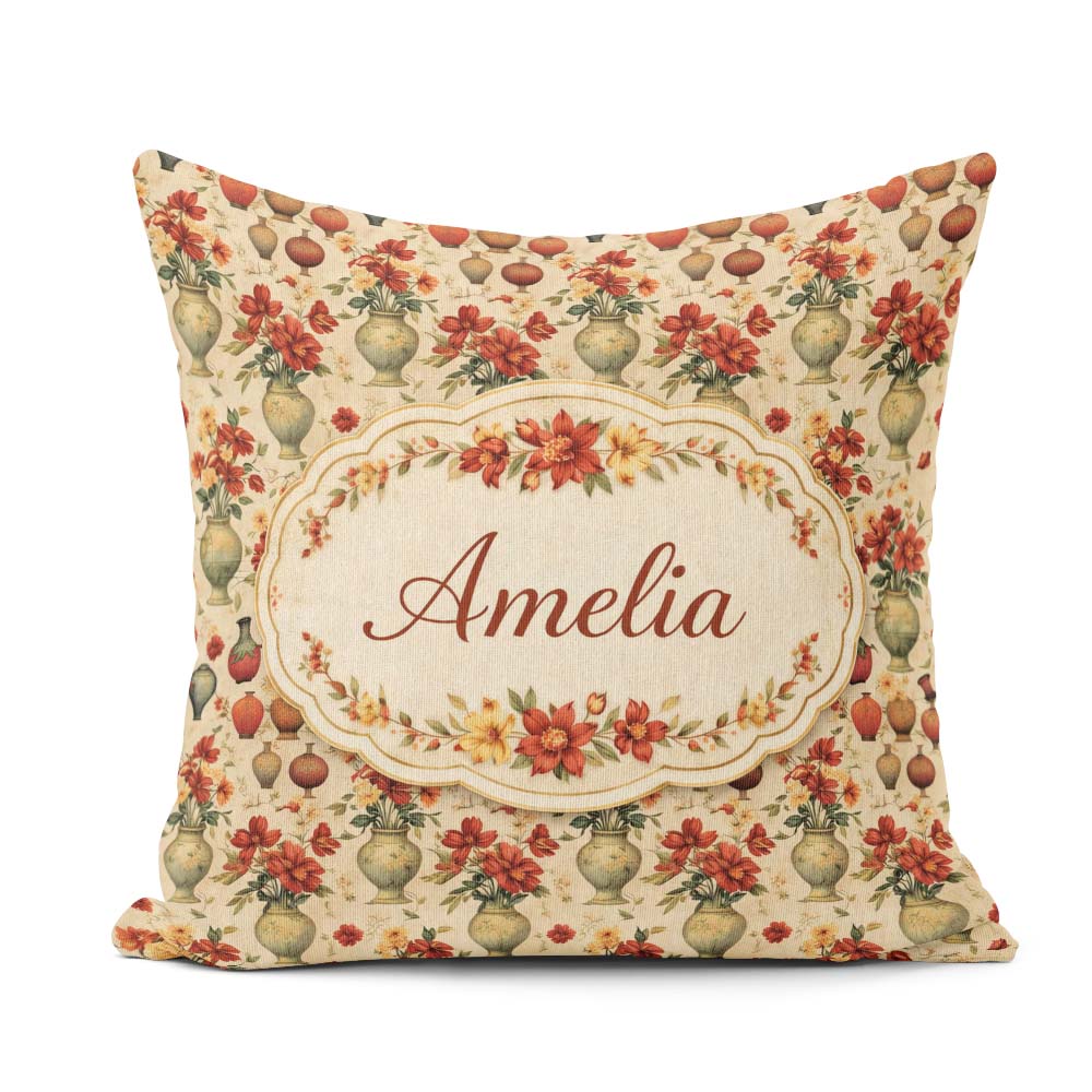 Custom Name Classic Floral Bouquet in Decorative Vases with Warm Square Filled Cushion Throw Pillow Sofa Bed Home Decor Zip Washable UK Made
