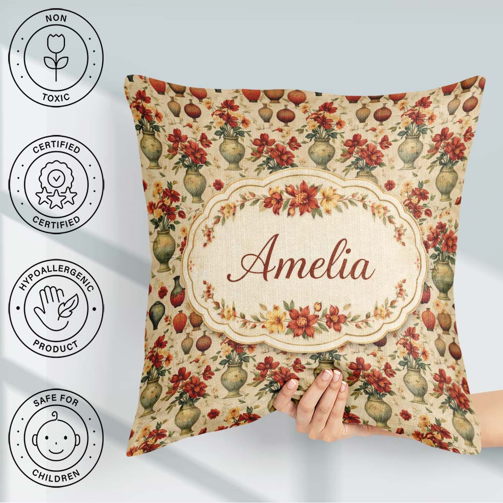Custom Name Classic Floral Bouquet in Decorative Vases with Warm Square Filled Cushion Throw Pillow Sofa Bed Home Decor Zip Washable UK Made