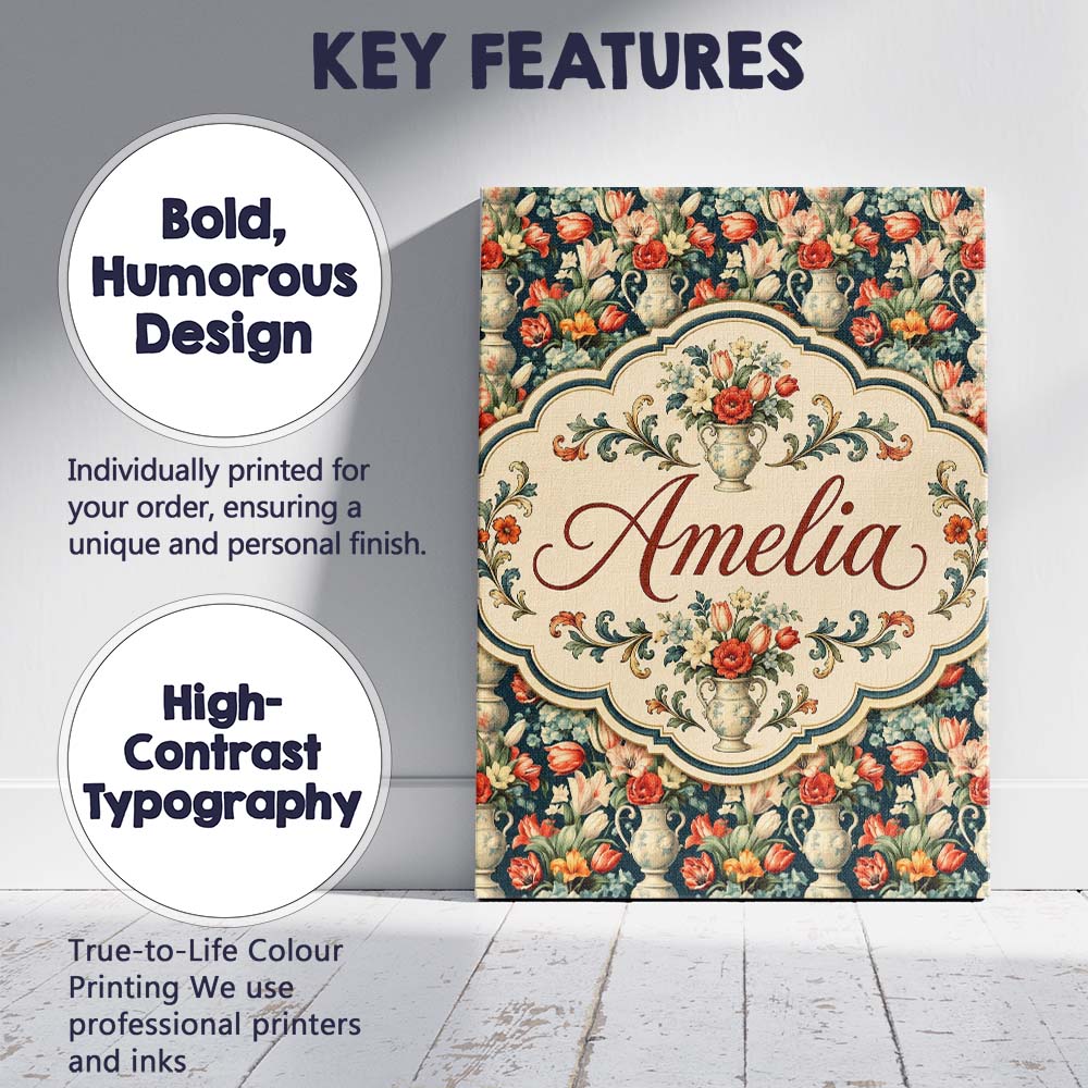 Personalised Name Rich Floral Arrangement Custom  Unique Gift Idea Elegant Feature Canvas Wall Art Print Decor Picture Ready to Hang