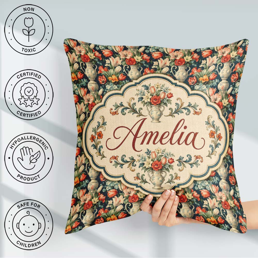 Custom Name Rich Floral Arrangement with Tulips in Vase on Dark Square Filled Cushion Throw Pillow Sofa Bed Home Decor Zip Washable UK Made