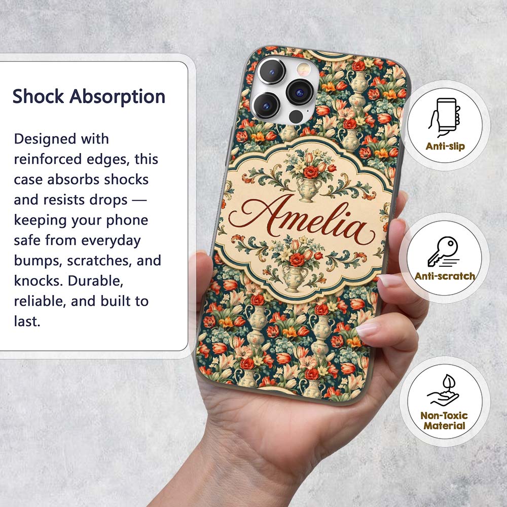 Rich Floral Arrangement with Tulips in Ornate Custom Name Protective Phone Case Mobile Cover Durable Everyday Smartphone Shock Resistant
