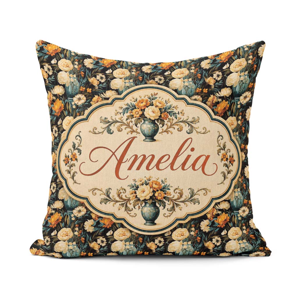 Custom Name Lush and Blossom Floral Pattern in Teal Vase on Dark Square Filled Cushion Throw Pillow Sofa Bed Home Decor Zip Washable UK Made
