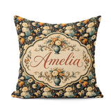 Custom Name Lush and Blossom Floral Pattern in Teal Vase on Dark Square Filled Cushion Throw Pillow Sofa Bed Home Decor Zip Washable UK Made