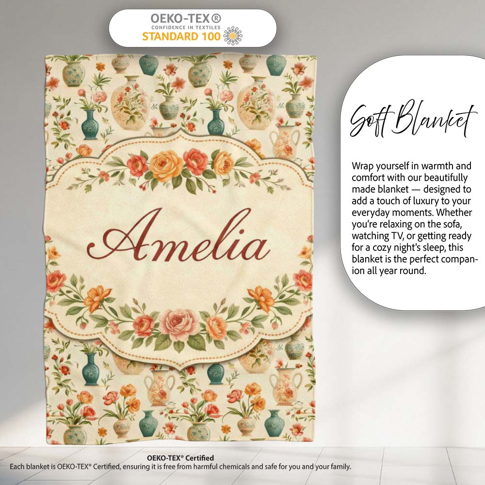 Vintage Floral and Vase Collection with Soft Pastel Blooms Seamless  Personalised Custom Name Super Soft Fleece Blanket Bed Sofa Throw