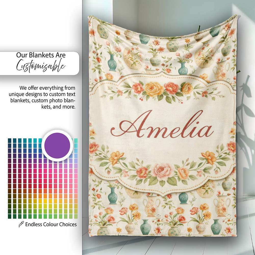 Vintage Floral and Vase Collection with Soft Pastel Blooms Seamless  Personalised Custom Name Super Soft Fleece Blanket Bed Sofa Throw