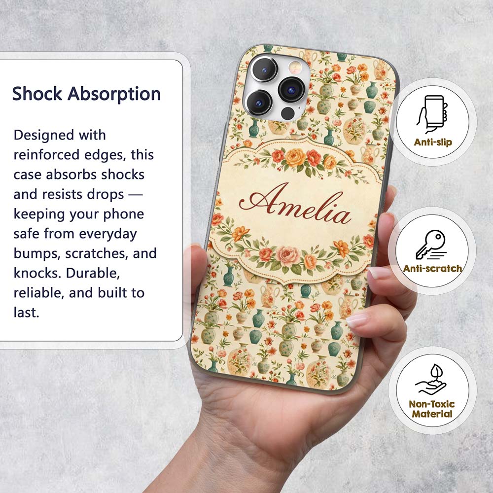 Vintage Floral and Vase Collection with Soft Custom Name Protective Phone Case Mobile Cover Durable Everyday Smartphone Shock Resistant