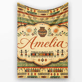 Geometric Tribal Stripe with Ethnic Shapes in Earthy Orange and  Personalised Custom Name Super Soft Fleece Blanket Bed Sofa Throw