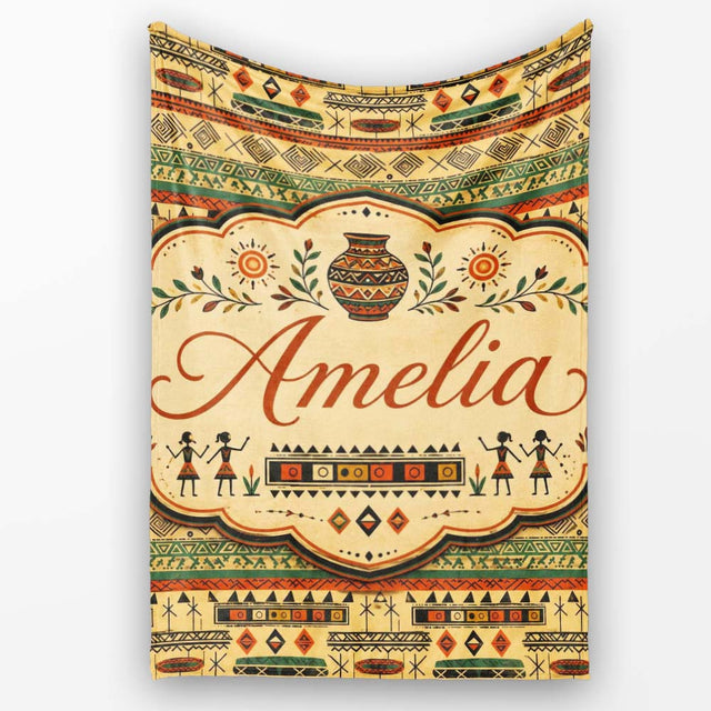 Geometric Tribal Stripe with Ethnic Shapes in Earthy Orange and  Personalised Custom Name Super Soft Fleece Blanket Bed Sofa Throw