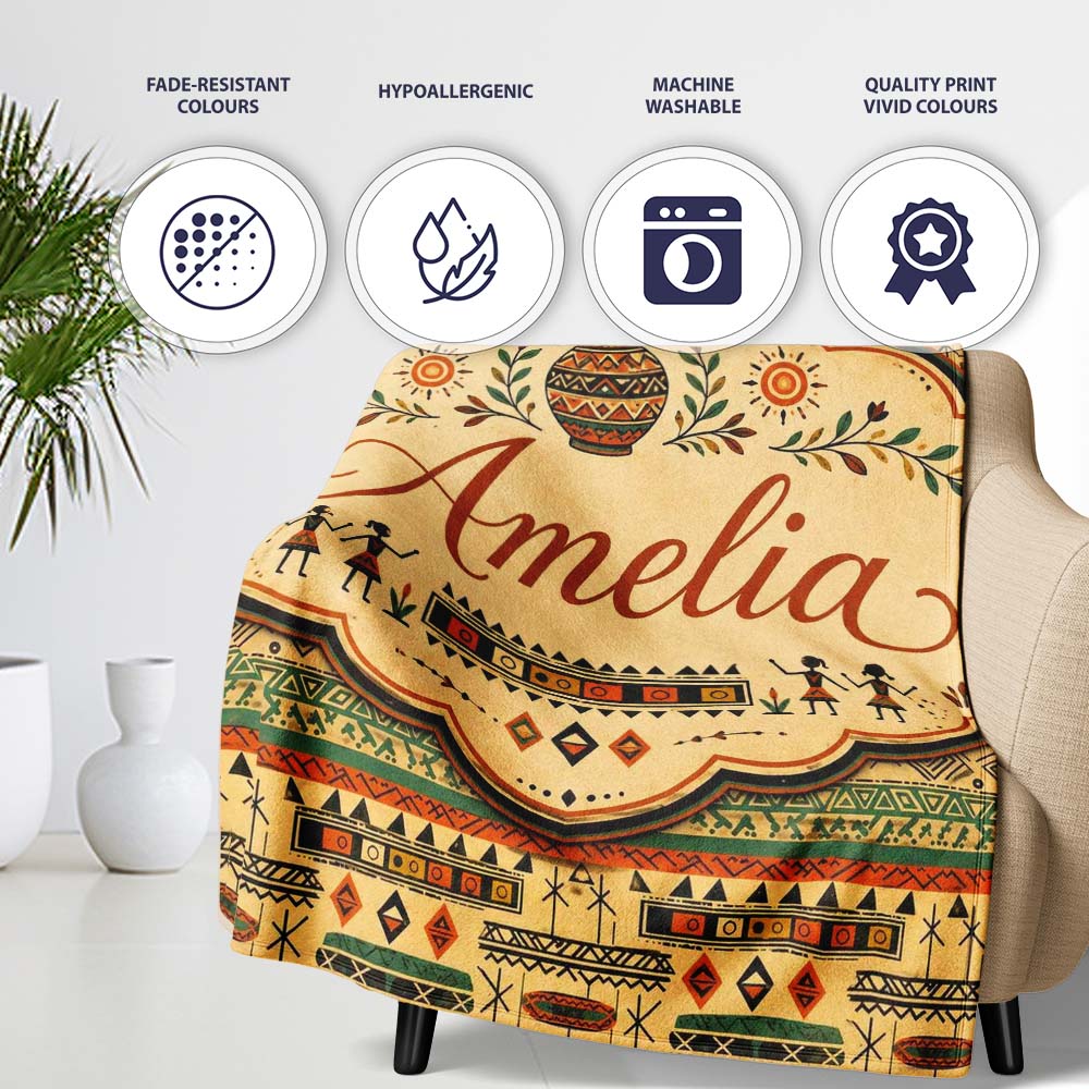 Geometric Tribal Stripe with Ethnic Shapes in Earthy Orange and  Personalised Custom Name Super Soft Fleece Blanket Bed Sofa Throw