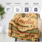 Geometric Tribal Stripe with Ethnic Shapes in Earthy Orange and  Personalised Custom Name Super Soft Fleece Blanket Bed Sofa Throw