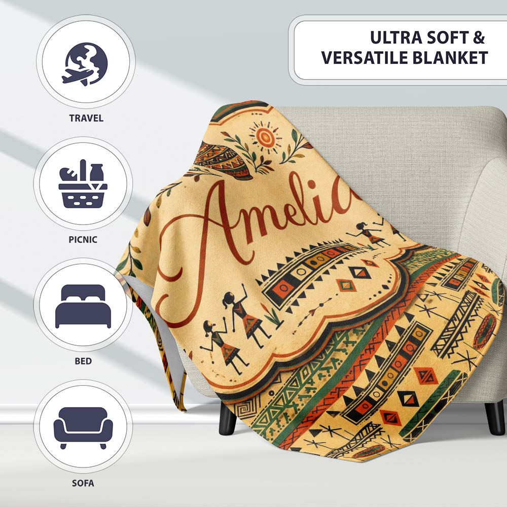 Geometric Tribal Stripe with Ethnic Shapes in Earthy Orange and  Personalised Custom Name Super Soft Fleece Blanket Bed Sofa Throw