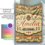 Geometric Tribal Stripe with Ethnic Shapes in Earthy Orange and  Personalised Custom Name Super Soft Fleece Blanket Bed Sofa Throw