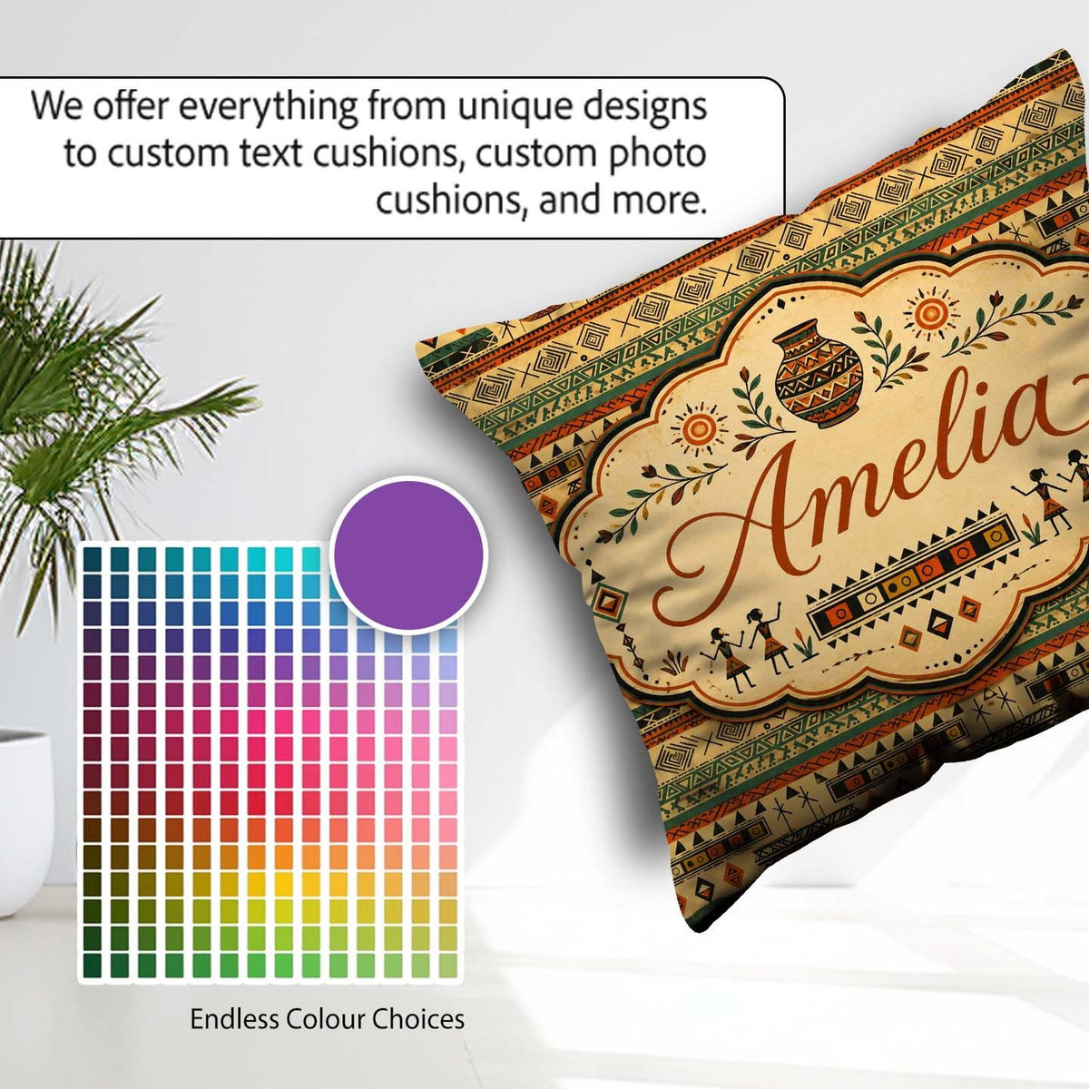Custom Name Geometric Tribal Stripe with Ethnic Shapes in Earthy Square Filled Cushion Throw Pillow Sofa Bed Home Decor Zip Washable UK Made