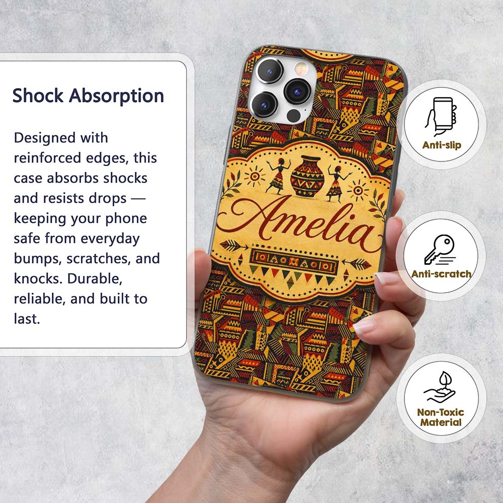Bold African Inspired Geometric Patchwork Pattern Custom Name Protective Phone Case Mobile Cover Durable Everyday Smartphone Shock Resistant