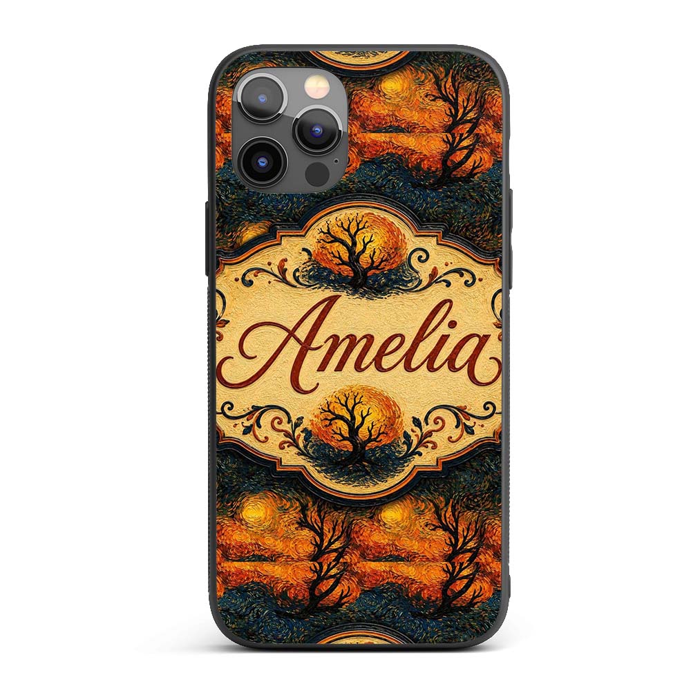Artistic Swirl Landscape with Trees and Sun in Custom Name Protective Phone Case Mobile Cover Durable Everyday Smartphone Shock Resistant