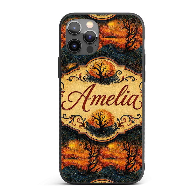 Artistic Swirl Landscape with Trees and Sun in Custom Name Protective Phone Case Mobile Cover Durable Everyday Smartphone Shock Resistant