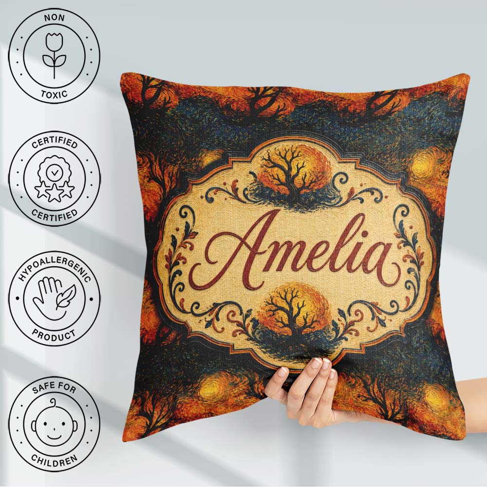 Custom Name Artistic Swirl Landscape with Trees and Sun in Brush Square Filled Cushion Throw Pillow Sofa Bed Home Decor Zip Washable UK Made