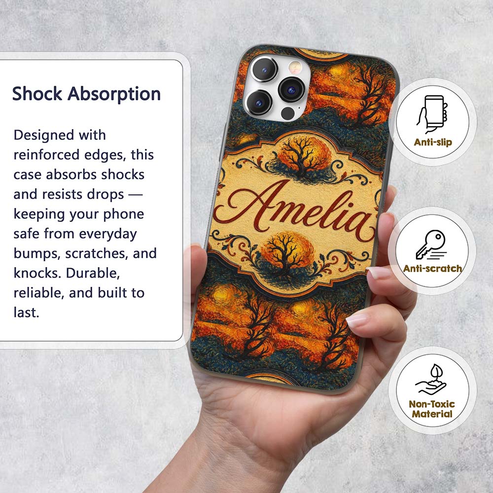 Artistic Swirl Landscape with Trees and Sun in Custom Name Protective Phone Case Mobile Cover Durable Everyday Smartphone Shock Resistant