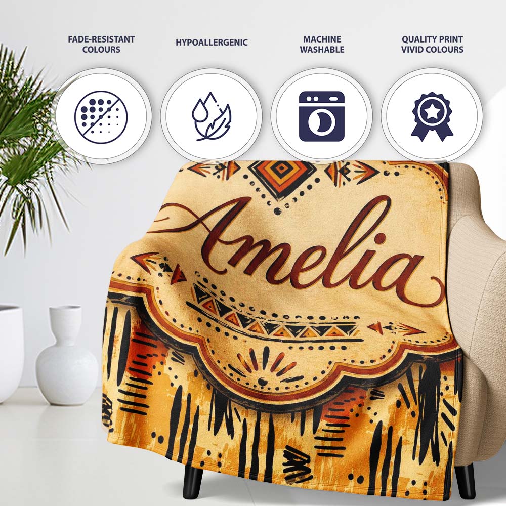 Modern Abstract Brush Stroke Pattern in Black Orange and Neutral  Personalised Custom Name Super Soft Fleece Blanket Bed Sofa Throw