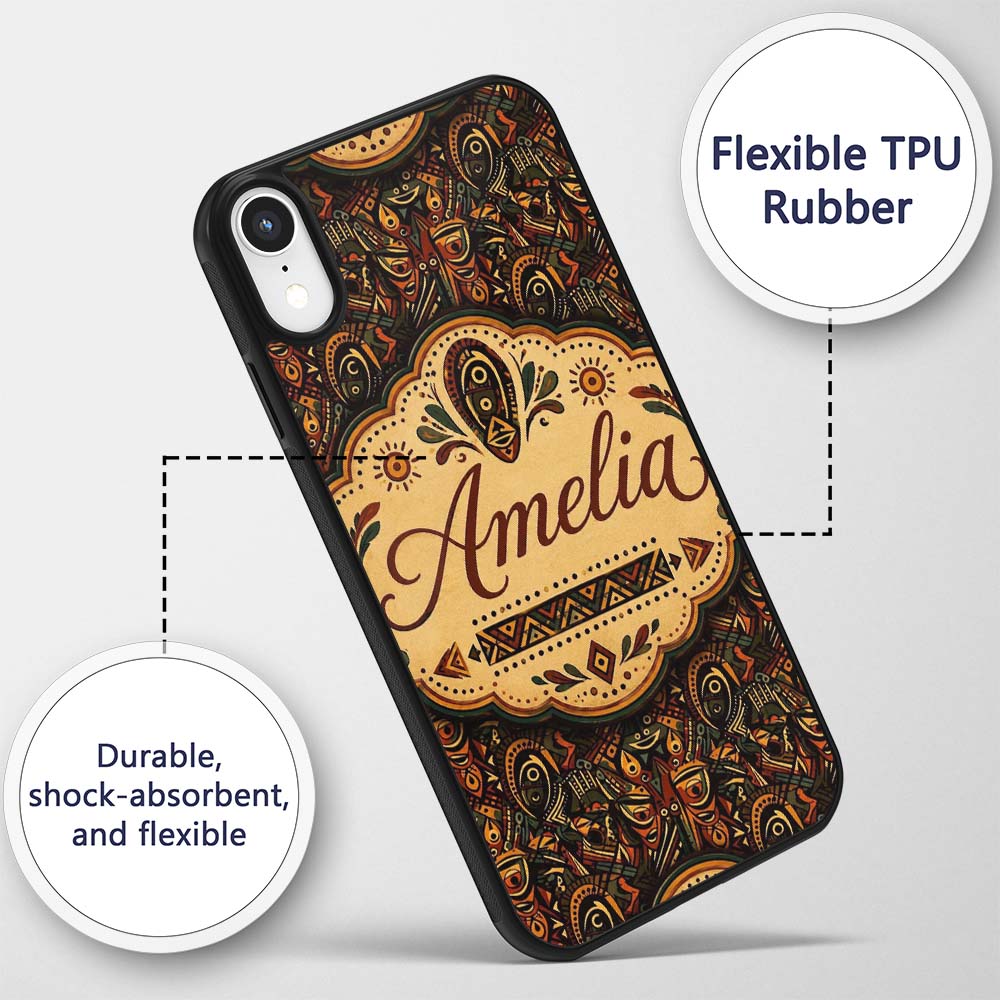 Intricate Tribal Mask and Symbol in Deep Earthy Custom Name Protective Phone Case Mobile Cover Durable Everyday Smartphone Shock Resistant