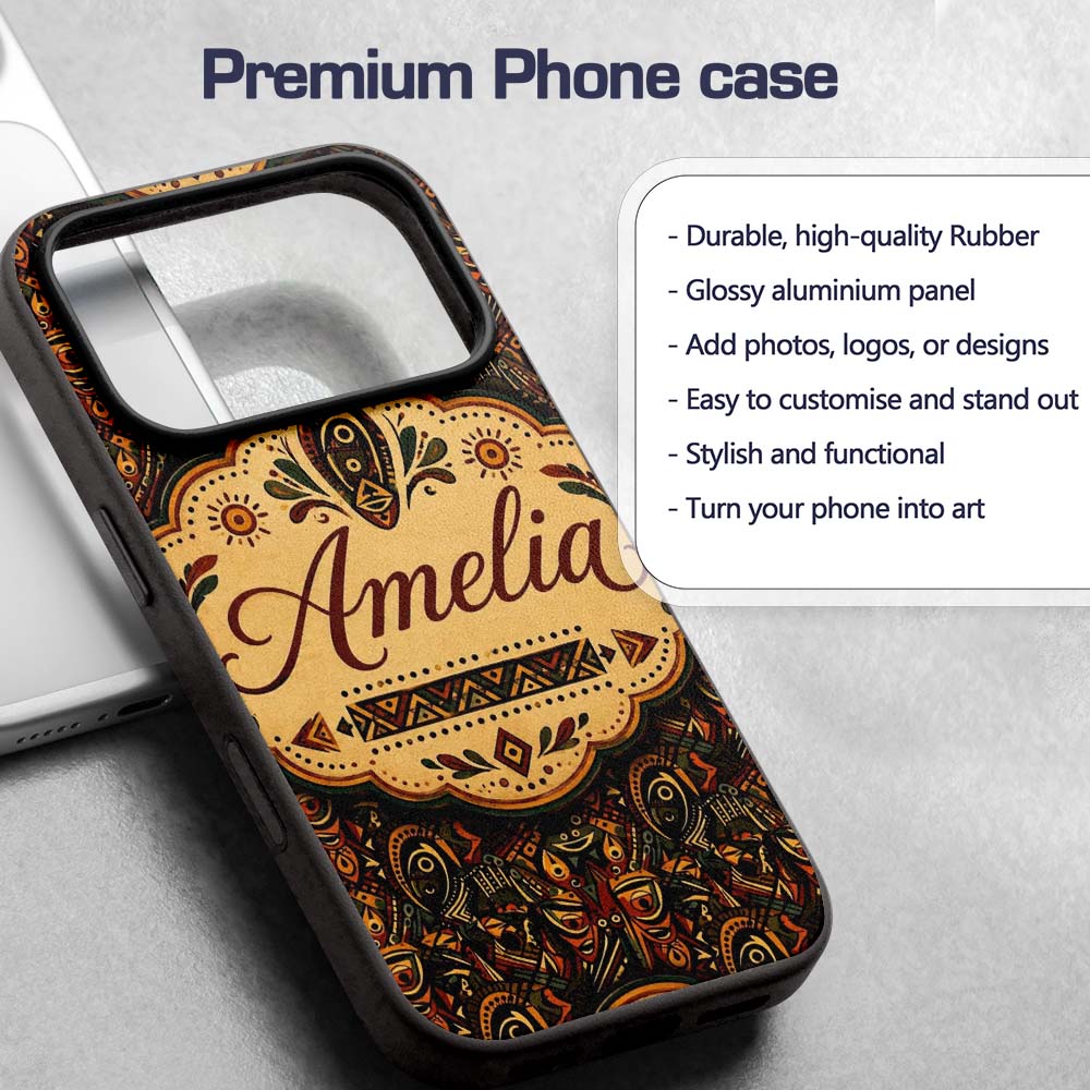 Intricate Tribal Mask and Symbol in Deep Earthy Custom Name Protective Phone Case Mobile Cover Durable Everyday Smartphone Shock Resistant