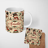 Personalized Custom Name Cute Snowman Christmas Trees Candy Cane Winter Seamless Pattern 11oz Ceramic Coffee Tea Mug White Large Handle