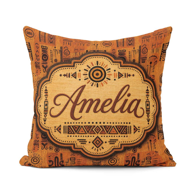Custom Name Tribal Symbol Patchwork with Inspired in Warm Orange Square Filled Cushion Throw Pillow Sofa Bed Home Decor Zip Washable UK Made