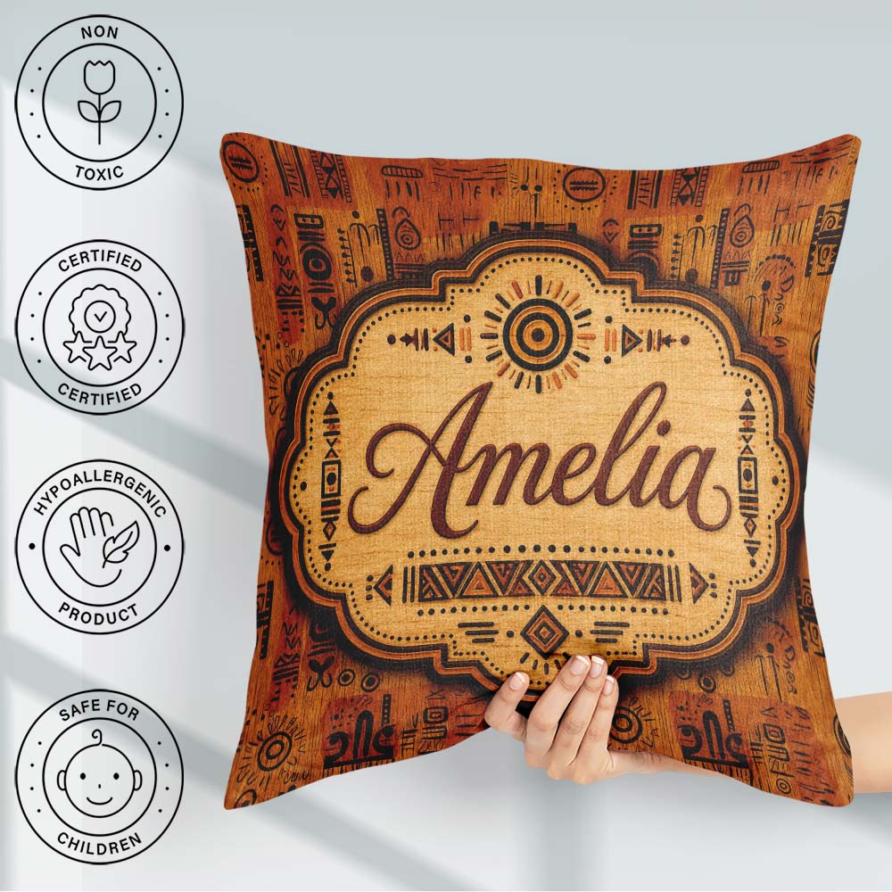 Custom Name Tribal Symbol Patchwork with Inspired in Warm Orange Square Filled Cushion Throw Pillow Sofa Bed Home Decor Zip Washable UK Made