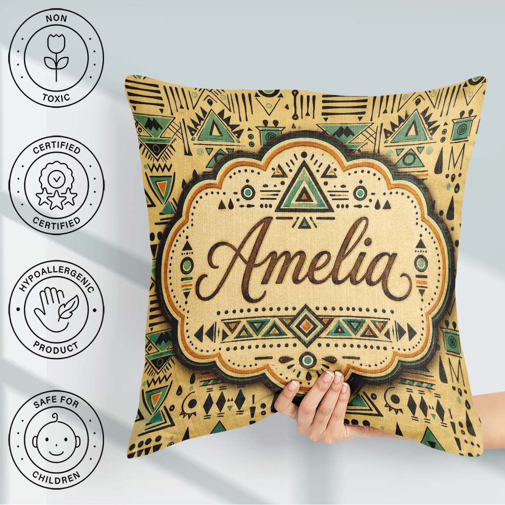 Custom Name Tribal Pattern with Teal and Black Shapes on Neutral Square Filled Cushion Throw Pillow Sofa Bed Home Decor Zip Washable UK Made